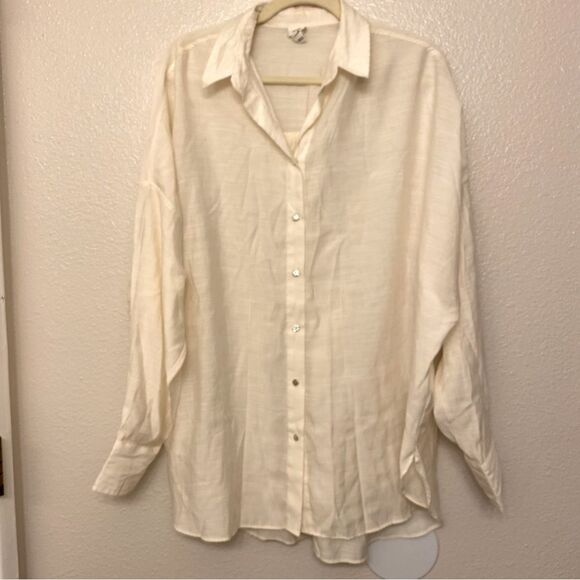 RIVER ISLAND ivory white LONG SLEEVE Silver button lyocell viscose shirt US 14 - Picture 1 of 11